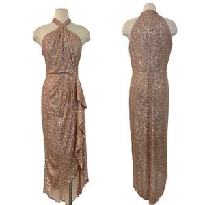 Shoshanna Midnight Draped Sequin High-Low Halter Gown Dress Pink Size 14 NWT